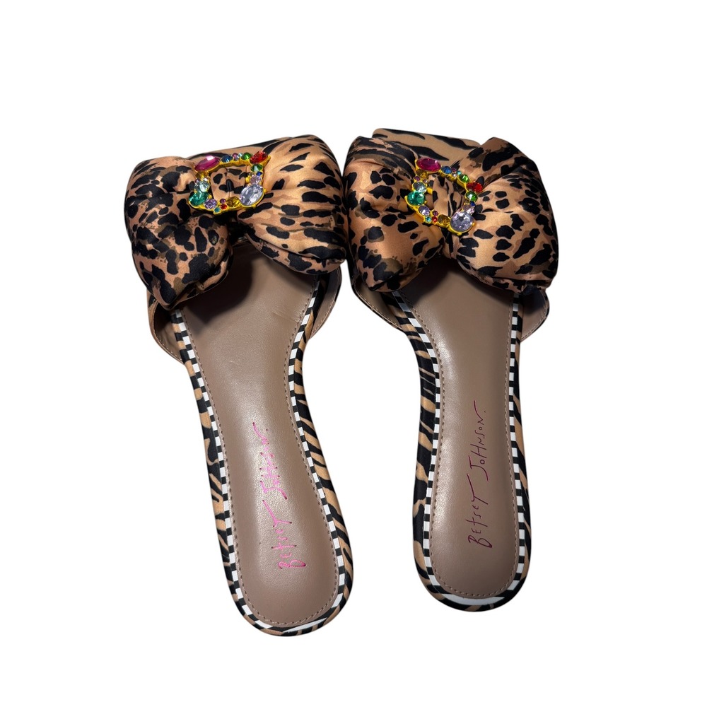 Betsey Johnson Leopard Zebra Print Bejewelled Bow Slide Sandals Animal Print